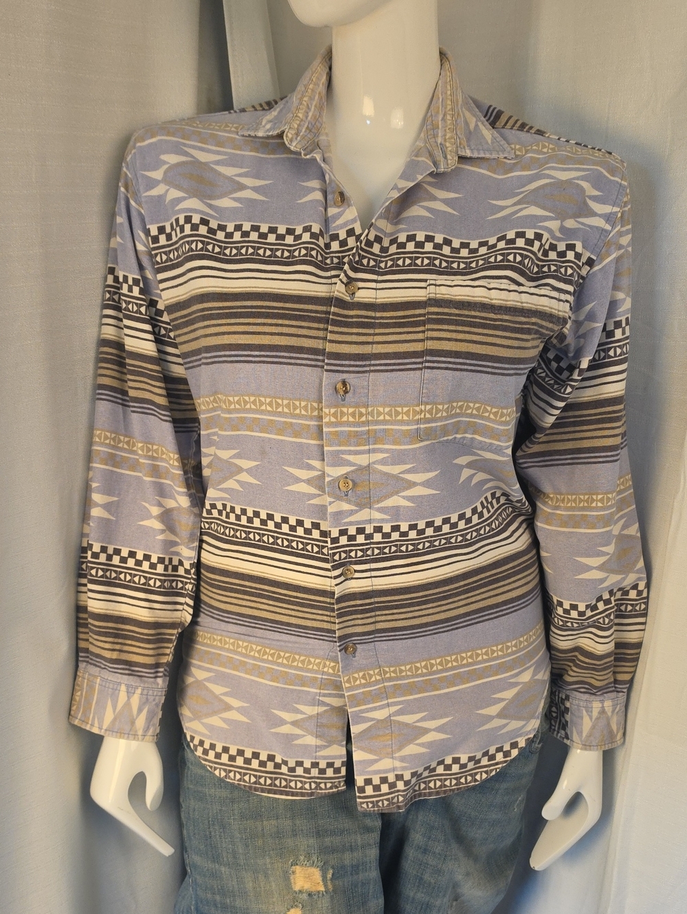 100% Cotton Aztec-Pattern Long Sleeve Button-Up Blouse in Light Blue Size Small